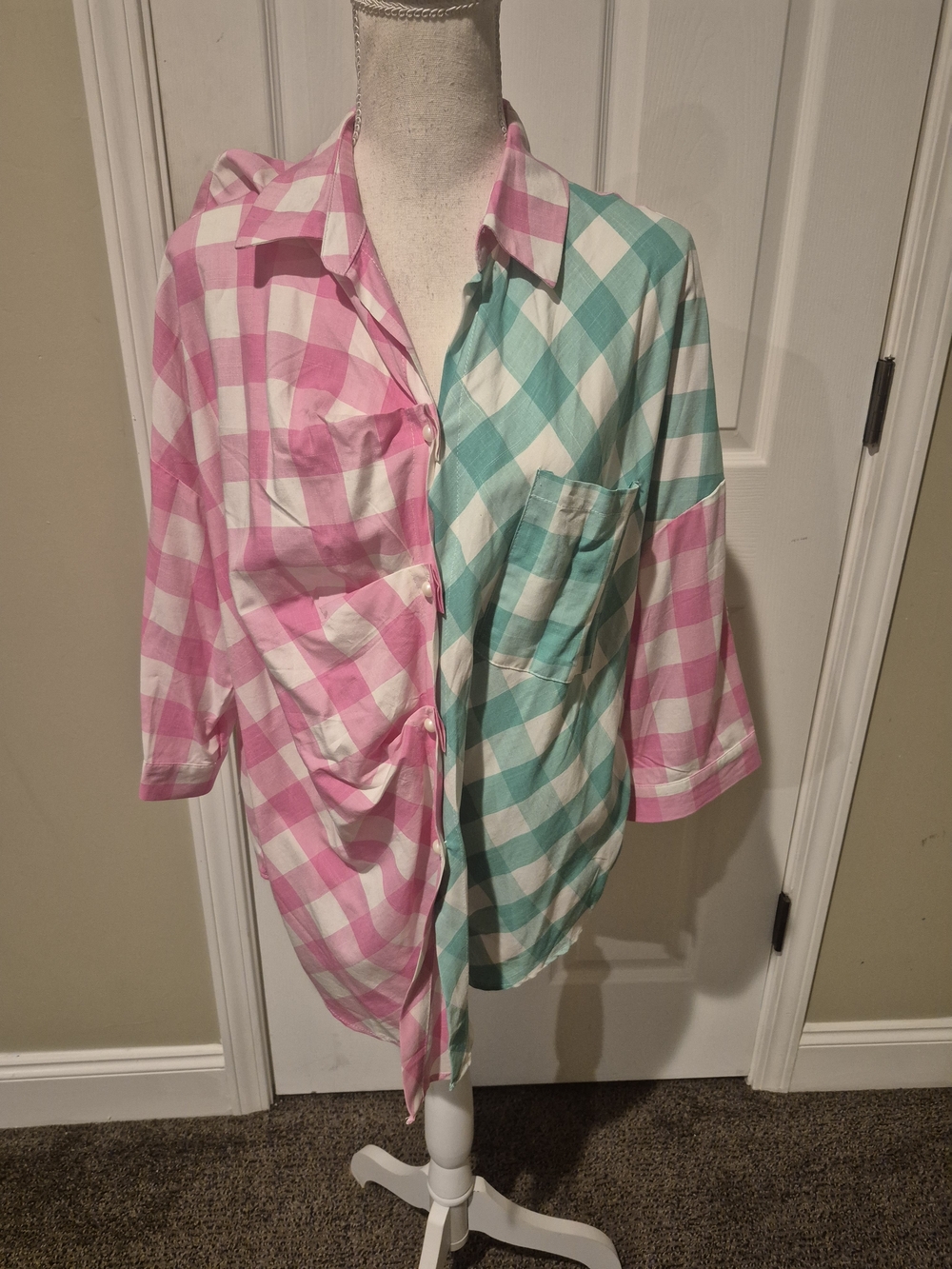 Ms Bling's Pink & Aqua Buffalo Check Button-Up Shirt